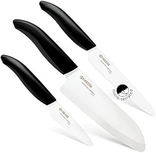 Kyocera Advanced Ceramics – Revolution Series 3-Piece Ceramic Knife Set: Includes 6-inch Chef's Knife; 5-inch Micro Serrated Knife; and 3-inch Paring Knife; Black Handles with White Blades