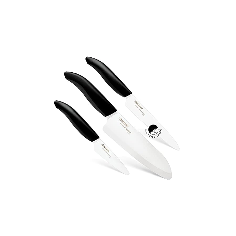 Kyocera Advanced Ceramics – Revolution Series 3-Piece Ceramic Knife Set: Includes 6-inch Chef's Knife; 5-inch Micro Serrated Knife; and 3-inch Paring Knife; Black Handles with White Blades