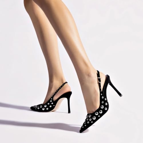 Tang'scuisins Women Studded Stiletto High Heels Slingback Backstrap Pointy Toe Pumps Sexy Party Night Club Dress Sandals Size 4-16 US4