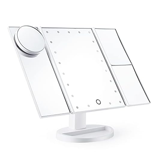 Magicfly Vanity Mirror Lighted Makeup Mirror 10X 3X 2X 1X Magnifying Mirror with 21 LED Lights, Trifold Mirror with Touch Screen, Adjustable Brightness & Stand, Dual Power Supply Mode, White