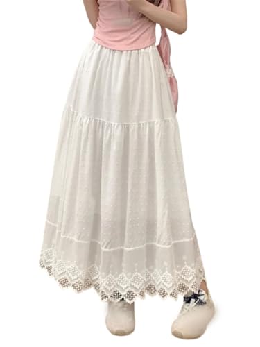 Women Solid Dot Textured Midi Skirt Elastic Waist Lace Spliced Skirts Boho Embroidery Pleated Skirts3