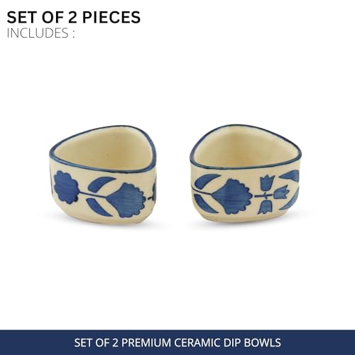 Image of Freakway Hand Painted White Ceramic Dip Bowls | Bowls Set of 2, 40Ml | Bowl for Serving Chutney Bowl /Pickle Bowl /Small (Blue Floral)