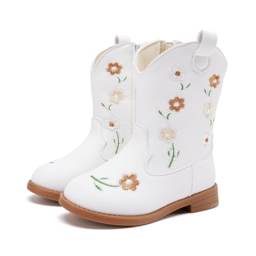 BMCiTYBM Toddler Girls Cowgirl Boots Little Kids Mid Calf Western Flower Cowboy Pointed Toe Riding Shoes All Season