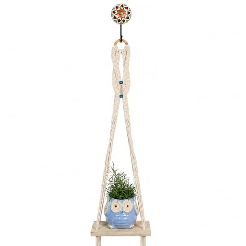 Image of Kaameri Bazaar Macrame Boho Braid Mini Shelve with Owl Shaped Planter (Blue) and Ceramic Hook - Macrame wall Hanging l owl Planter Pot