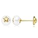 Orecchini per bambina, con perle incastonate da 5 mm e stella, in oro giallo 18 carati, con chiusura a vite