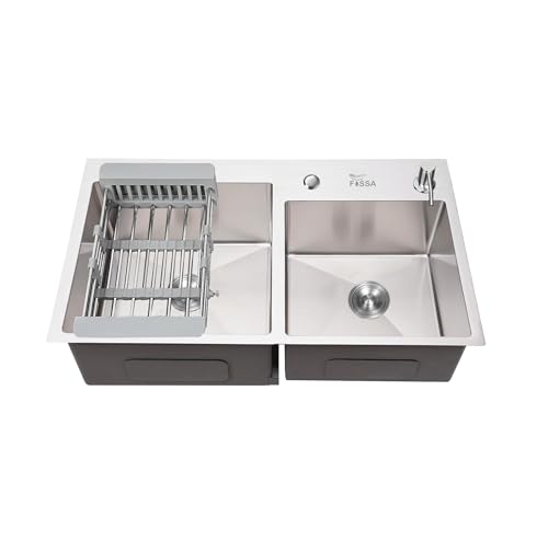 Image of Fossa 32 inch x18 inch x 09 inch Inch Premium Stainless Steel Double Bowl Kitchen Sink with Tap Hole, Drain Basket, Soap Dispenser, Drain, Round Coupling - Topmount Sink for Campervan or Silver (Matte Finish)