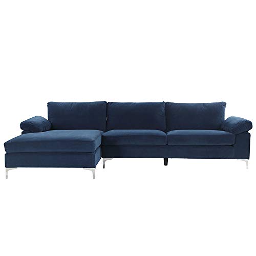 Divano Roma Furniture Modern Large Velvet Fabric Sectional Sofa, L-Shape Couch with Extra Wide Chaise Lounge (Navy)