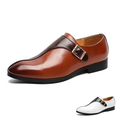 Men's Leather Buckle Monk Strap Low Heel Dress Loafers Fashion Comfortable Pointed Toe Slip On Business Casual Formal Leather Shoes for Tuxedo Prom Wedding Driving