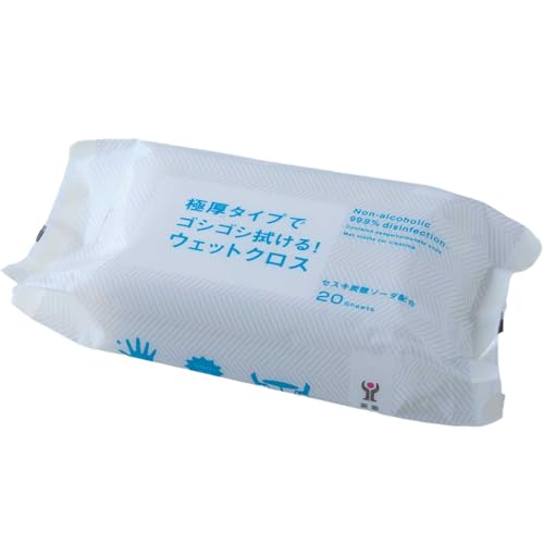 愛着良品(Aichakuryouhin) お掃除シート 極厚タイプでゴシゴシ拭ける!ウエットクロス 20枚入 日本製 除菌 殺菌 ノンアルコール 大判 掃除 フローリング 厚手 セスキ ワイパー 使い捨て キッチン タオル ふきん ウエットティッシュ 74