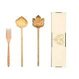 Set of 3 Wooden Salad Spoons For Serving With Gift Box, Spoons And Forks Set, Salad Tongs for Serving, Gifts For Women, Wood Kitchen Utensil Set, Leaf Mixing Spoons, Kitchen Tongs