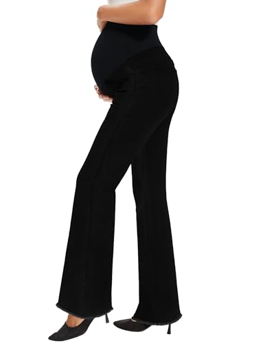 Image of GLAMIX Women's Stretch Maternity Bootcut Jeans with Pockets Over The Belly Bell Bottoms Flare Denim Pants Pregnancy Clothes