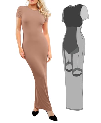 Popilush Shaperwear Dress Built-in Bra Women's Casual Lounge Dress with Zipper Short Sleeve Mock Neck Bodycon Dresses