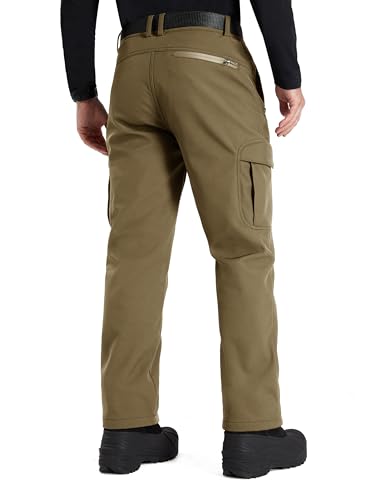 FREE SOLDIER Men's Outdoor Softshell Fleece Lined Cargo Pants Snow Ski Hiking Pants with Belt(Olive 42W x 32L)