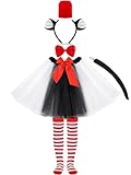 SOMSOC Tulle Tutu Skirt Girls Costume Set Child Headband Bowtie Striped Tights Cat Costume for Halloween Party Cosplay