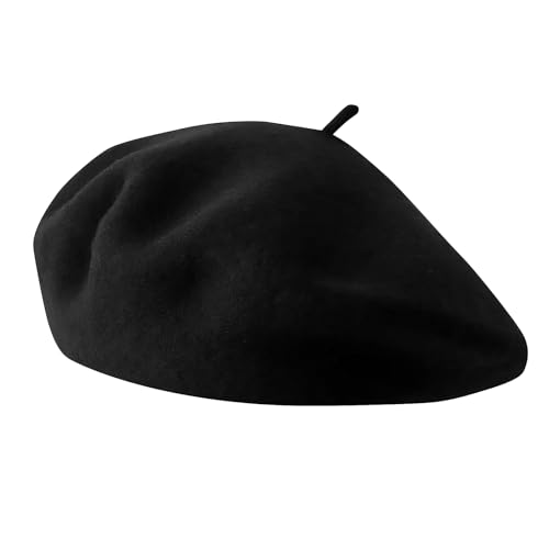 PUERFOCA Boina de Lana para Adultos Unisex, Sombrero Francés Mujeres Hombres Negro, Boina Francesa Clásica Vintage Gorra de Artista Pintor Moderno para Exteriores