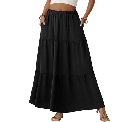 Lepunuo Women's Boho Floral High Waisted Flowy Maxi Skirt Pockets A - Black
