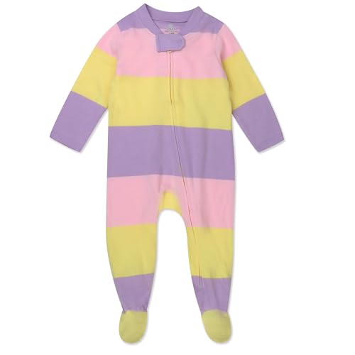 Image of HonestBaby Sleep and Play Footed Pajamas One-piece Sleeper Jumpsuit Zip-front Pjs Organic Cotton for Baby Girls, Unisex, Easter Stripe Pink, 0-3 Months