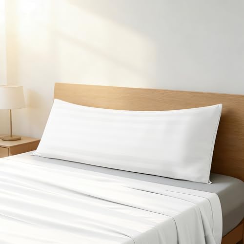 Image of 100% Egyptian Cotton Body Pillow Cover Long Pillow Case, 600 Thread Count Bed Pillow Protector with Zipper, Sateen Weave Cooling Full Body Pillowcase for Adults 20x54 Inches (1PC, Body, Striped White)