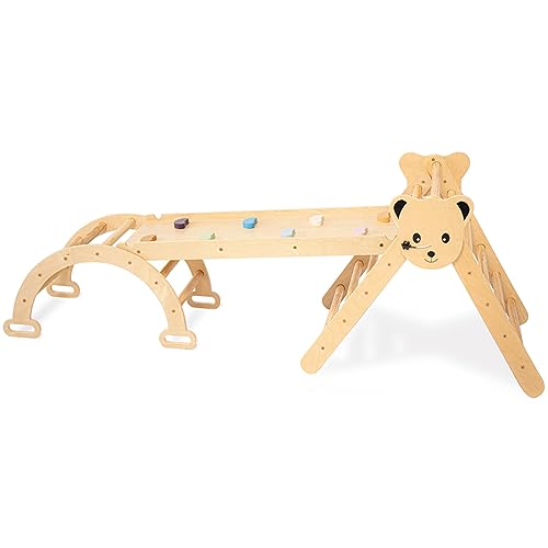 Image of pikler triangle set climber with slide pickler-3 piece climbing gym pickler triangle wood and hearts montessori climbing set toys arch climber ladder play gym wooden climbing triangle toys for toddler