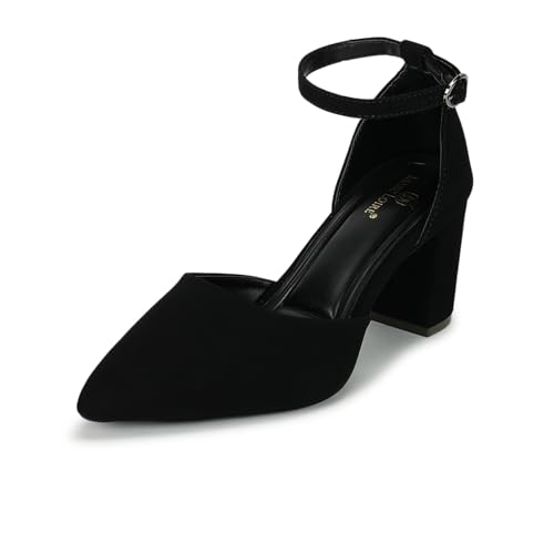 Image of Marc Loire Women's Pointed Toe Block Heel Pumps | Office & Party Shoes with Ankle Loop & Buckle Strap | Formal Footwear