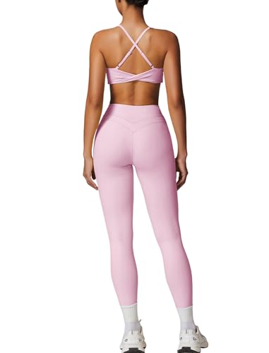 QBGJTD Two Piece Womens Workout Sets for Women U Neck Cross Back Sports Bras Matching Tummy Control High Waist Leggings Set Gym Yoga Jogger Athletic Clothes Pilates 2 Piece Outfits Pink S
