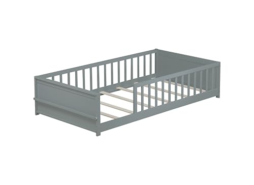 Image of Twin Size Kids Montessori Floor Bed,Twin Floor Bed Frame with Slats and Bookcase,Solid Wood Montessori Bed for Girls Boys,Grey