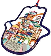 Housewarming Gift Metal Hamsa Hebrew Seven Blessings Jerusalem Colourful View Home Blessing in Hebrew Laser Cut