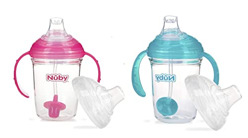 Image of Nuby No Spill 360 Weighted Straw Grip N' Sip Tritan Cup with Hygienic Cover, 8 Oz, Trainer Cup (Pink/Teal)