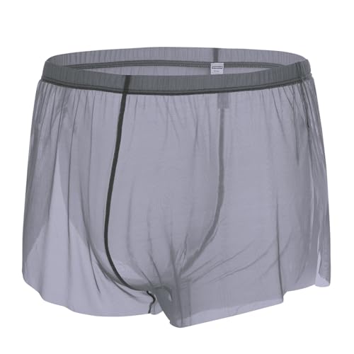 JINSHI Men's See Through Mesh Boxers Sexy Silk Underwear Sheer boxer trunk, Athletic Ultra-thin Split Loose Shorts Grey M2