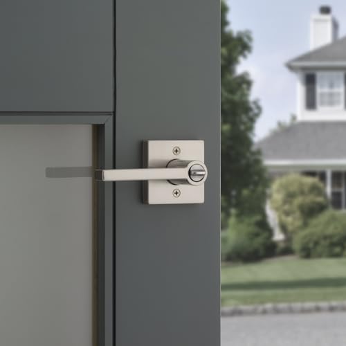 Image of Kwikset Halifax Entry Door Handle with Lock and Key, Secure Keyed Reversible Lever Exterior, For Front Entrance and Bedrooms, Satin Nickel, 10 Pack, Pick Resistant SmartKey Rekey Security and Microban