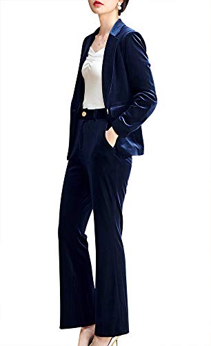 LISUEYNE Women's Business Blazer Pant Suit Set for Work Velvet Long Sleeves Suits (Large, Aa10-bluekz)