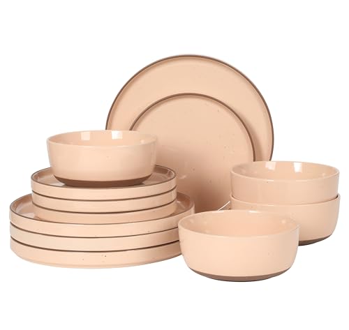 Image of Gibson Elite Northrock Stoneware Dinnerware Set, 12-Piece Service for 4 Plates and Bowls Set - Pink Dishes with Hand-Painted Terracotta Base
