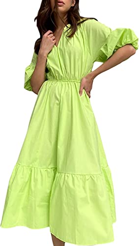 Robe midi pour femme col en V et manches bouffantes style bohème chic en vert taille M