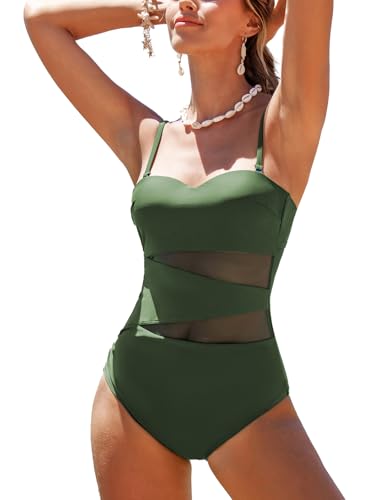 CUPSHE Women's One Piece Swimsuit Sweetheart Neck Molded Cups Push Up Mesh Bathing Suit Cutout Back Hook Swimwear