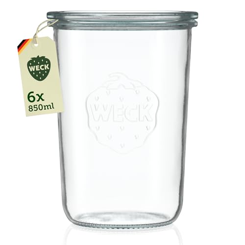 Weck Lot de 6 bocaux en verre de 850 ml avec couvercles – Forme chute – Bocaux de conservation et bocaux de conservation empilables robustes – Idéal...