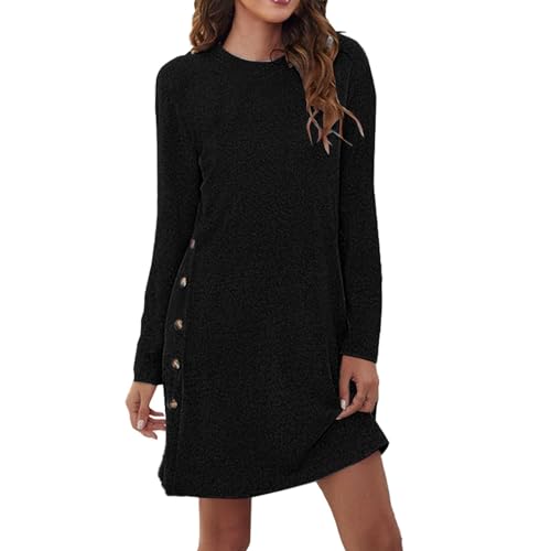 Vestido informal para mujer de algodón midi | vestido de punto para mujer, invierno, talla grande, cuello redondo, vestido de suéter con botones, vestido suelto de otoño, suave y cómodo, vestido de