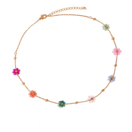 Cute Flower Beaded Ball Choker Necklace Stainless Steel Colorful Acystal Bead Daisy Flowers Adjustable Necklaces Fashion 18k Goldtone Plated Jewelry Gifts for Women Chain 15