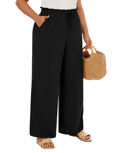 Neer Women's Plus Size Linen Pants High Waist Wide Leg Casual Drawstring Loose Straight Palazzo Pants with Pockets2