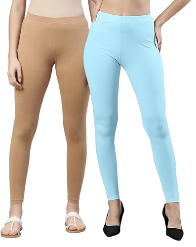 Image of ZAYANQA Combo of 2 Slim Fit Women /Girls Solid Stretchable Cotton Ankle Length Leggings with Ultrasoft Wide Elastic Waistband |Comfortable |Fashionwear|