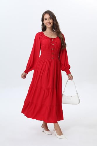 Image of OSTOO Women's 2026 Casual Long Sleeve Square Neck Smocked High Waist Flowy Maxi Dress,Boho Tiered Beach Party Dress