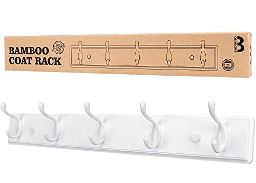 Wooden Coat Rack, Wall-Mounted Organizer for Closet, Entryway, Hallway, Foyer, Bedroom, Heavy Duty Double Hooks for Hanging Towels, Bags, Hats, Jackets, Key (White, 5 Hooks)