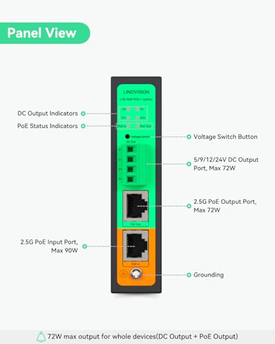 Image of LINOVISION Industrial 2.5G PoE++ Splitter, BT 90W PoE to DC 5 /9 /12 /24V | Dual Output BT PoE & DC| Din Rail Mounting| for WiFi 6E /7 AP, PTZ Camera