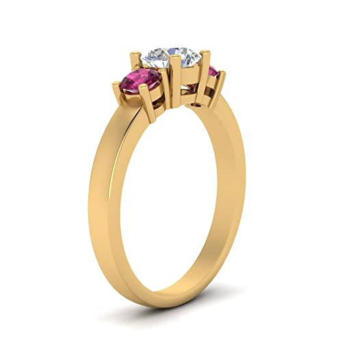 Image of 55Carat Choose Your Gemstone 3 Stone Round Diamond CZ Engagement Ring Yellow Gold Plated Round Shape 3 Stone Engagement Rings Minimal Modern Design Birthday Gift Wedding Gift US Size 4 to 12