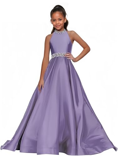 Halter Beaded Pageant Dresses for Girls Satin Ball Gown with Rhinestone Formal Prom Dress with Train Formal Dress