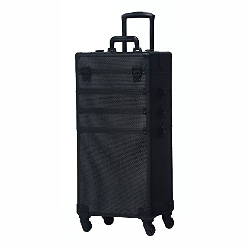 Bonnlo 4 in 1 Rolling Makeup Train Case Aluminum Makeup Travel Organizer Cosmetic Case Cosmetology Display Suitcase on Wheels Beauty Storage Luggage Lockable w/4 Removable Wheels - Black