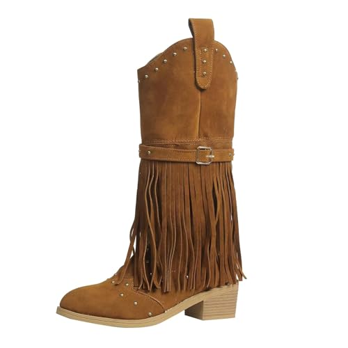 SACFOF Women Fringe Cowboy Boots Stud Square Toe Mid Calf Western Boots Tassel Cowgirl Boots Stacked Heel Mid Calf Pull On Boot