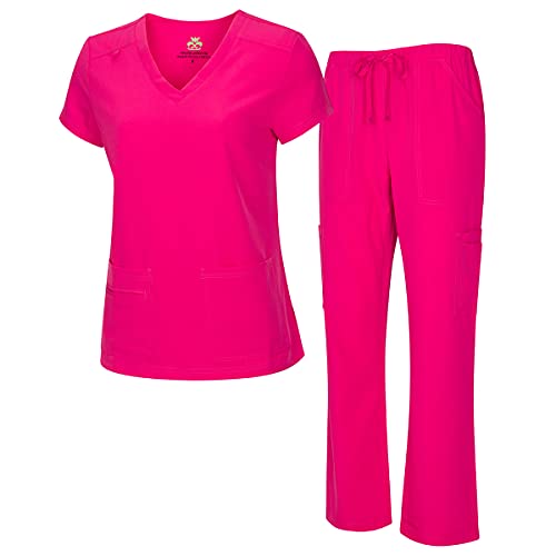 M&M SCRUBS Women's Breathable Cool Stretch Fabric Scrub Top and cargo Pant Set (Hot Pink, X-Large)