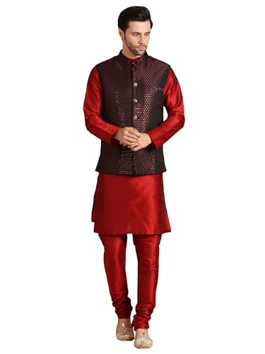 Image of men's Silk Blend Kurta Pejama & Waistcot Set