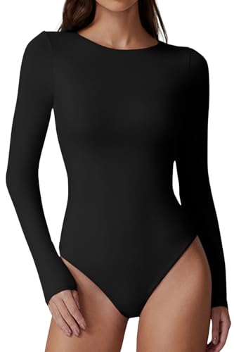 La mejor comparación de Bodies para Mujer - los más vendidos. 50 QINSEN - Body de manga larga con cuello redondo para mujer, con forro doble, playera básica, Negro -, M