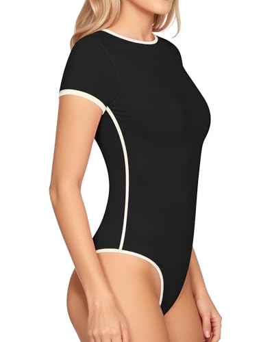 Image of MANGOPOP Women's Round Neck Short Sleeve Bodysuit T Shirts Basic Body Suit Tops